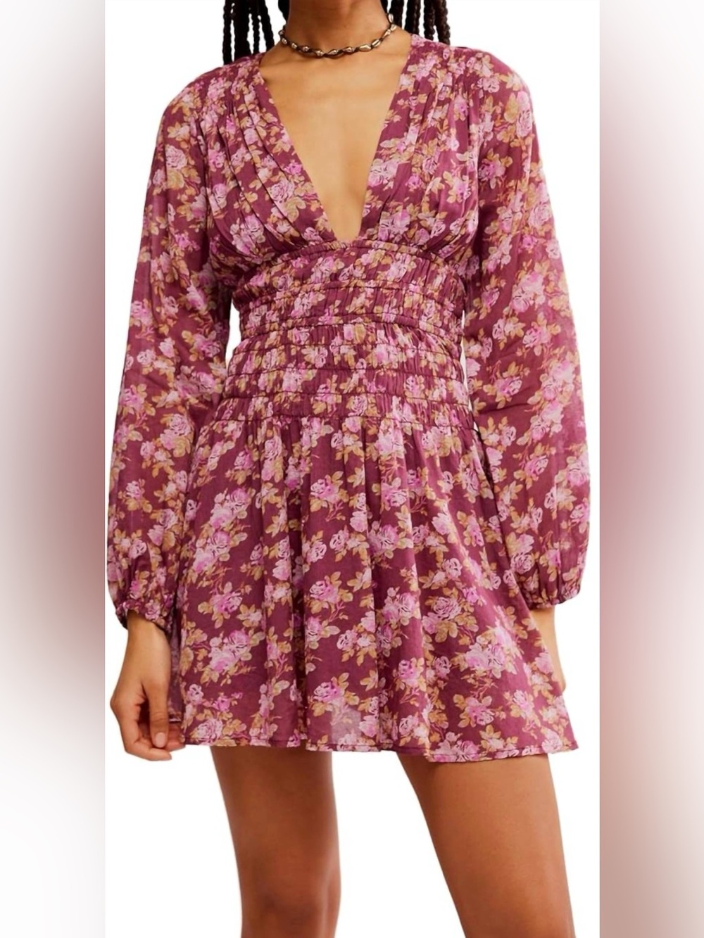 NWOT FREE PEOPLE Keep You Mini Dress - 100% Cotton Pink Floral Long-Sleeve